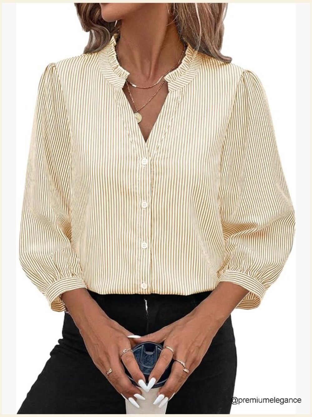 Women's Button Down Shirt Blouse 3/4 Sleeve Striped Ruffle V-Neck Dressy